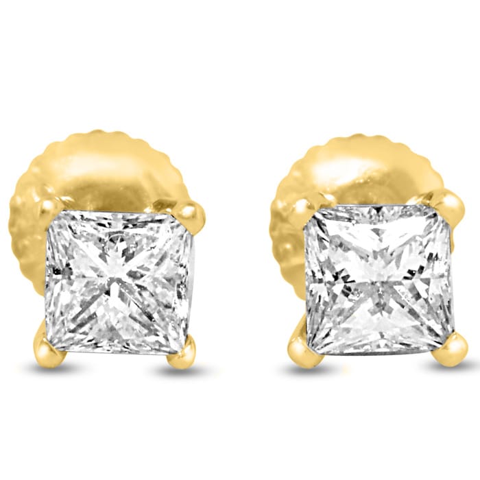 1 3/4ct Fine Quality Princess Diamond Stud Earrings In 14k Yellow Gold