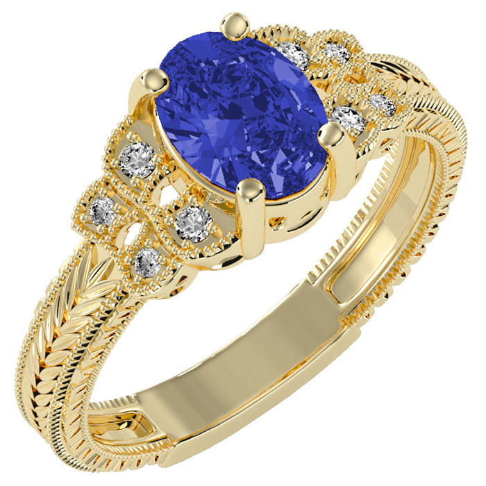 1 1/3 Carat Oval Shape Tanzanite and Diamond Ring In 10 Karat Yellow Gold