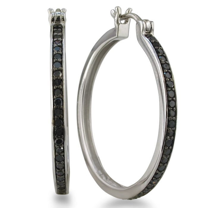 1/2ct Black Diamond Hoop Earrings in Sterling Silver, Over 1 Inch. 