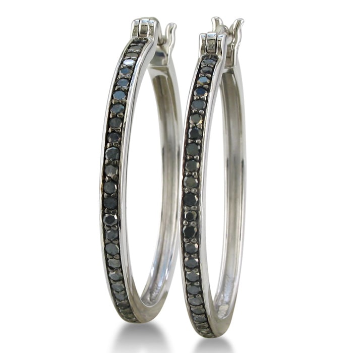 1/2ct Black Diamond Hoop Earrings in Sterling Silver, Over 1 Inch. 