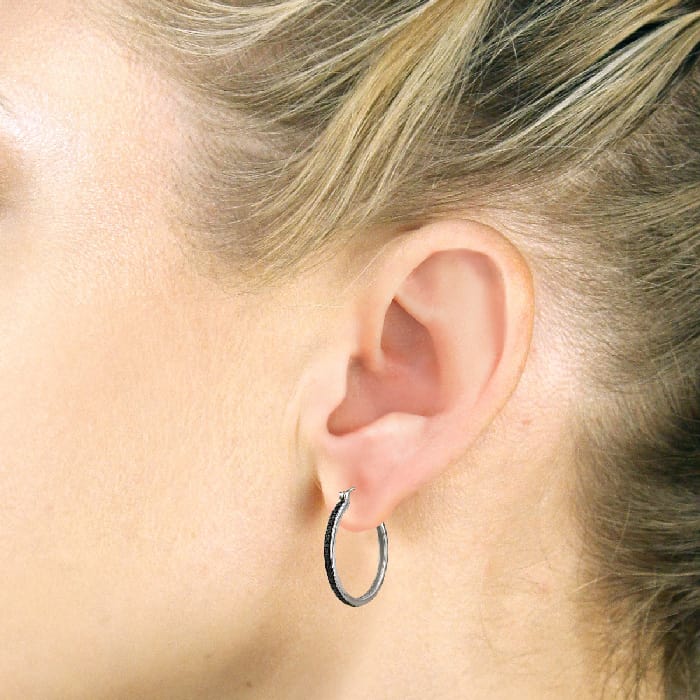 1/2ct Black Diamond Hoop Earrings in Sterling Silver, Over 1 Inch. 