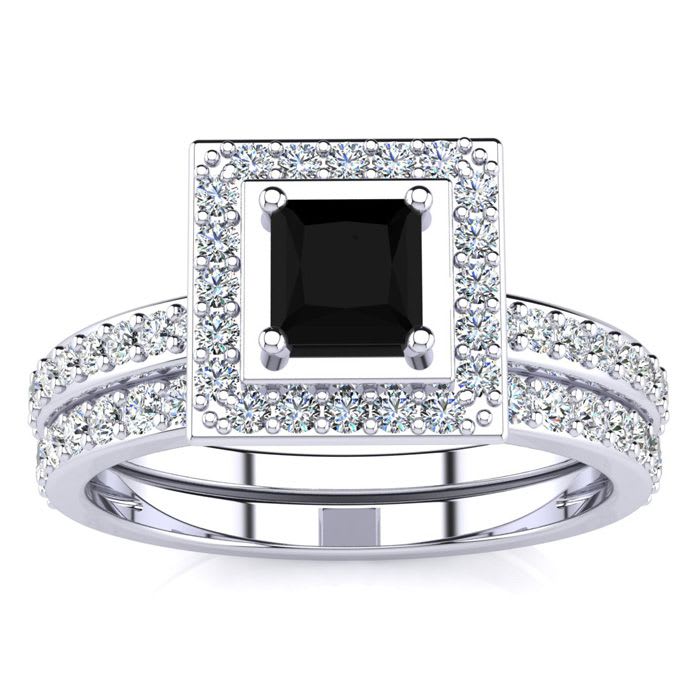 1ct Black and White Princess Cut Diamond Pave Bridal Set, SS