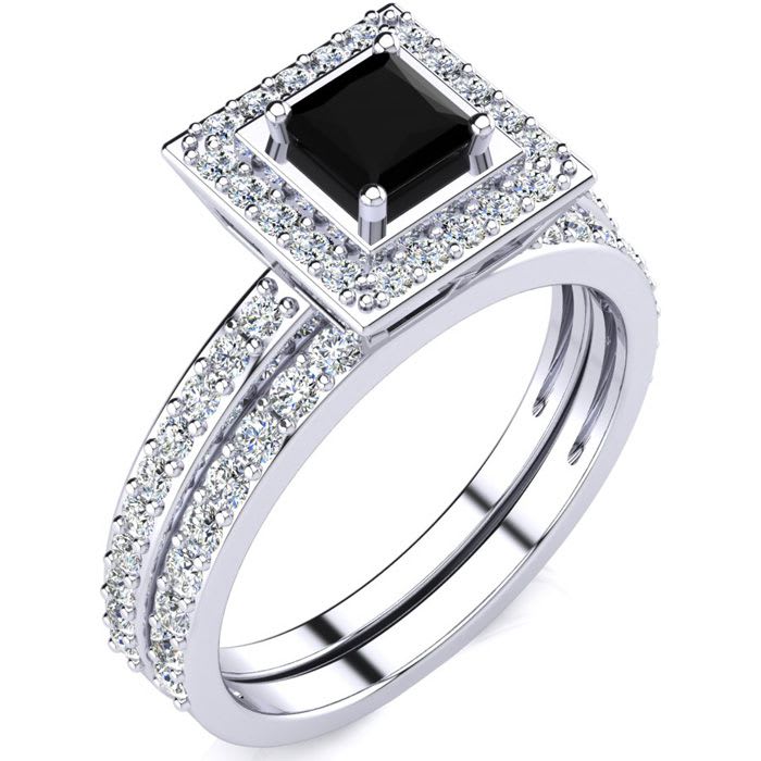 1ct Black and White Princess Cut Diamond Pave Bridal Set, SS