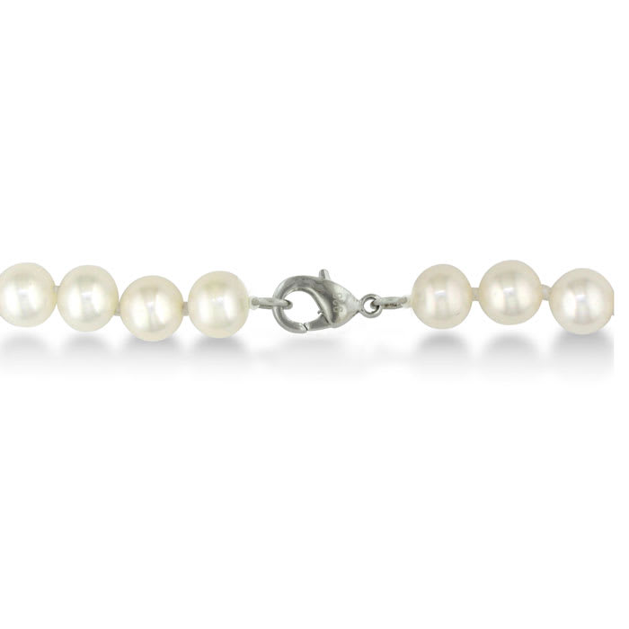 18 Inch Lustrous Hand-Knotted 8mm to 9mm Pearl Necklace. Wonderful Sterling Silver Overlay Clasp! Fantastic Value For A Lovely Necklace