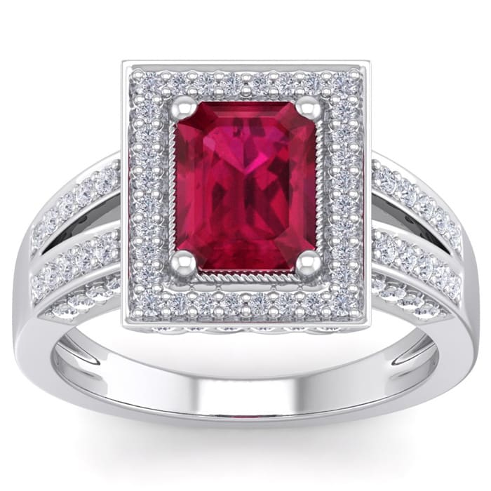 2 3/4 Carat Ruby and Halo Diamond Ring In 14 Karat White Gold