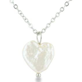 Heart Shaped Natural Freshwater Pearl On 18 Inch Silver Plated Necklace