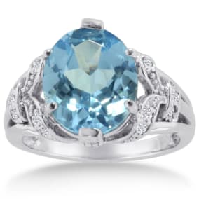 6ct Oval Blue Topaz and Diamond Ring Crafted In Solid 14K White Gold