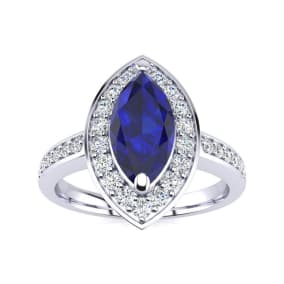 1 Carat Marquise Blue Sapphire and Diamond Ring In 14 Karat White Gold