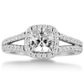1 Carat Natural Cushion Cut Diamond Halo Engagement Ring In 14K White Gold