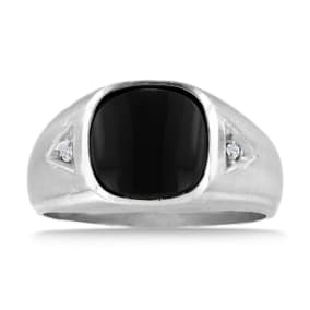 Cabochon Black Onyx and Diamond Men's Ring Crafted In Solid 14K White Gold