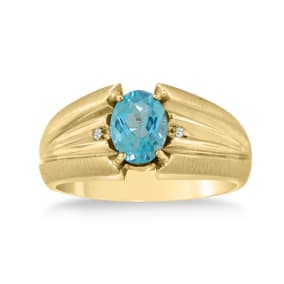 1 1/2ct Oval Blue Topaz and Diamond Men's Ring Crafted In Solid Yellow Gold