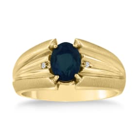 1 1/2ct Oval Created Sapphire and Diamond Men's Ring Crafted In Solid Yellow Gold
