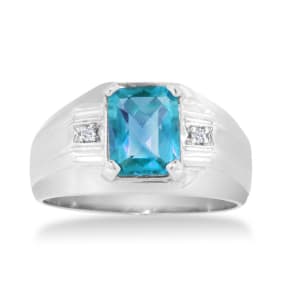 2 1/4ct Blue Topaz and Diamond Men's Ring Crafted In Solid 14K White Gold