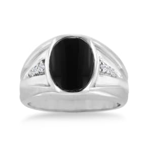 Oval Black Onyx and Diamond Men's Ring Crafted In Solid White Gold
