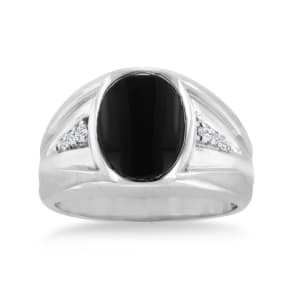 Oval Black Onyx and Diamond Men's Ring Crafted In Solid 14K White Gold
