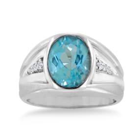 4 1/2ct Oval Blue Topaz and Diamond Men's Ring Crafted In Solid 14K White Gold

