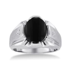 Oval Black Onyx and Diamond Men's Ring Crafted In Solid 14K White Gold
