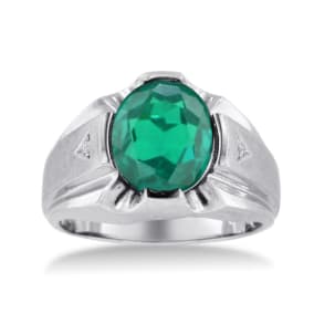 4 1/2ct Oval Created Emerald and Diamond Men's Ring Crafted In Solid 14K White Gold
