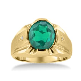 4 1/2ct Oval Created Emerald and Diamond Men's Ring Crafted In Solid 14K Yellow Gold
