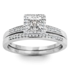 1/4 Carat Pave Halo Diamond Bridal Set in Sterling Silver. Incredibly Popular And Fantastic At A Low Price
