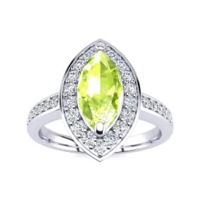 1 Carat Marquise Peridot and Diamond Ring In 14 Karat White Gold