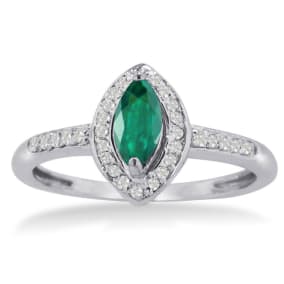 3/4ct Marquise Emerald and Diamond Ring Crafted In Solid 14K White Gold