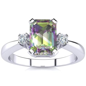 3 Carat Octagon Shape Mystic Topaz Ring With Diamonds In 14 Karat White Gold