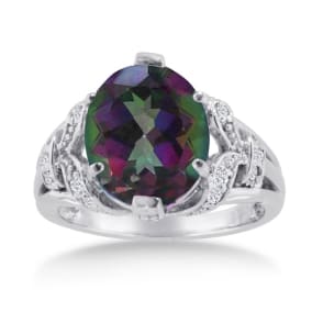 6 Carat Oval Shape Mystic Topaz Ring With Diamonds 14 Karat White Gold