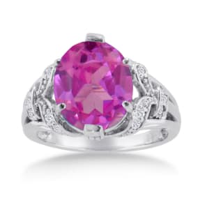 Pink Gemstones 6 Carat Oval Shape Pink Toppaz and Diamond Ring In 14K White Gold