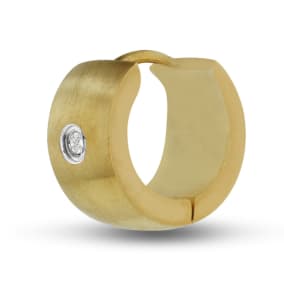 Men's 7 MM Brushed Gold Tone Stainless Steel Single Hoop Huggie Earring With Cubic Zirconia Accents. CLEARANCE PRICED
