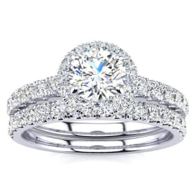 1 Carat Natural Floating Pave Halo Diamond Bridal Set in 14k White Gold