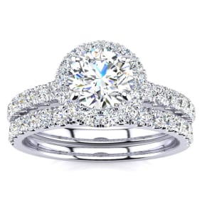 1 1/2 Carat Natural Pave Halo Diamond Bridal Set in 14k White Gold