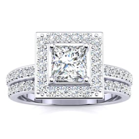 1 1/2 Carat Princess Cut Floating Pave Halo Diamond Bridal Set in 14k White Gold
