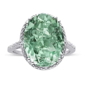 Estate Jewelry 8ct Oval Shape Green Amethyst and Diamond Ring Crafted In Solid Sterling Silver, Size 4.5