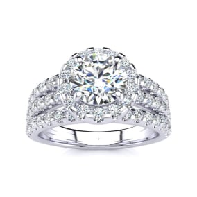 2 Carat Natural Round Halo Diamond Engagement Ring in 14 Karat White Gold

