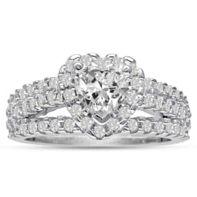 1 2/3 Carat Natural Heart Halo Diamond Engagement Ring in 14 Karat White Gold