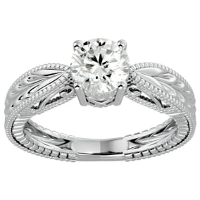 1 Carat Diamond Round Engagement Rings In 14K White Gold With Tapered Etched Band