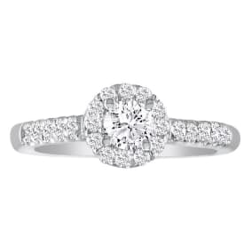 1 Carat Natural Round Halo Diamond Engagement Ring in 14k White Gold, H-I, SI2-I1
