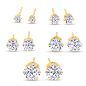 Set Of Five Cubic Zirconia Stud Earrings In Yellow Gold Color - 1/3ct, 1/2ct, 1ct, 1 3/4ct, and 2 1/4ct