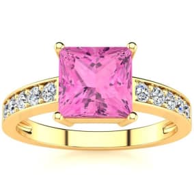 Square Step Cut 1 7/8 Carat Pink Topaz and Diamond Ring in 14K Yellow Gold