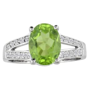 Split Band 1 1/2ct Peridot and .15ct Diamond Ring, 14k White Gold