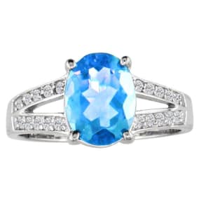 Split Band 2 1/4ct Blue Topaz and 1/5ct Diamond Ring, 14k White Gold