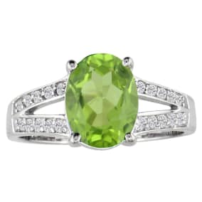 Split Band 2 1/4ct Peridot and 1/5ct Diamond Ring, 14k White Gold