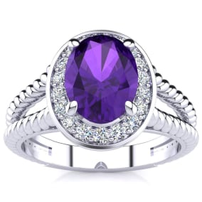 1 1/2ct Oval Shape Amethyst and Diamond Ring In 14 Karat White Gold