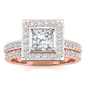 1 1/2 Carat Princess Cut Floating Pave Halo Diamond Bridal Set in 14k Rose Gold
