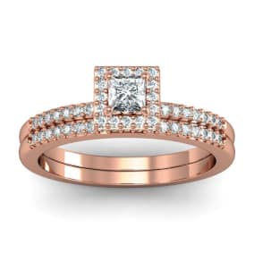 1/2 Carat Princess Cut Pave Halo Diamond Bridal Set in 14k Rose Gold
