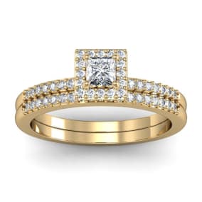 1/2 Carat Princess Cut Pave Halo Diamond Bridal Set in 14k Yellow Gold
