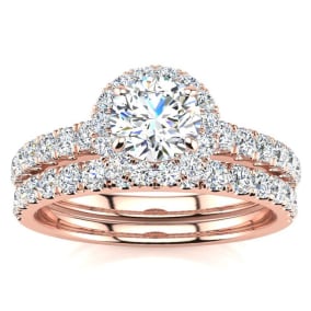1 Carat Floating Pave Halo Diamond Bridal Set in 14k Rose Gold