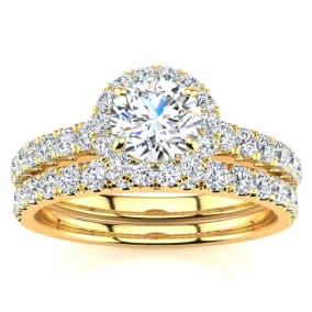 1 Carat Floating Pave Halo Diamond Bridal Set in 14k Yellow Gold