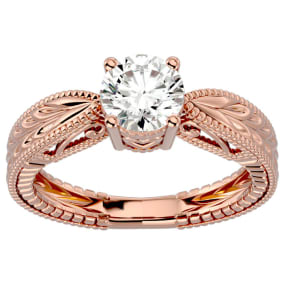 Round Engagement Rings, 1 Carat Diamond Solitaire Engagement Ring with Tapered Etched Band Crafted In 14 Karat Rose Gold